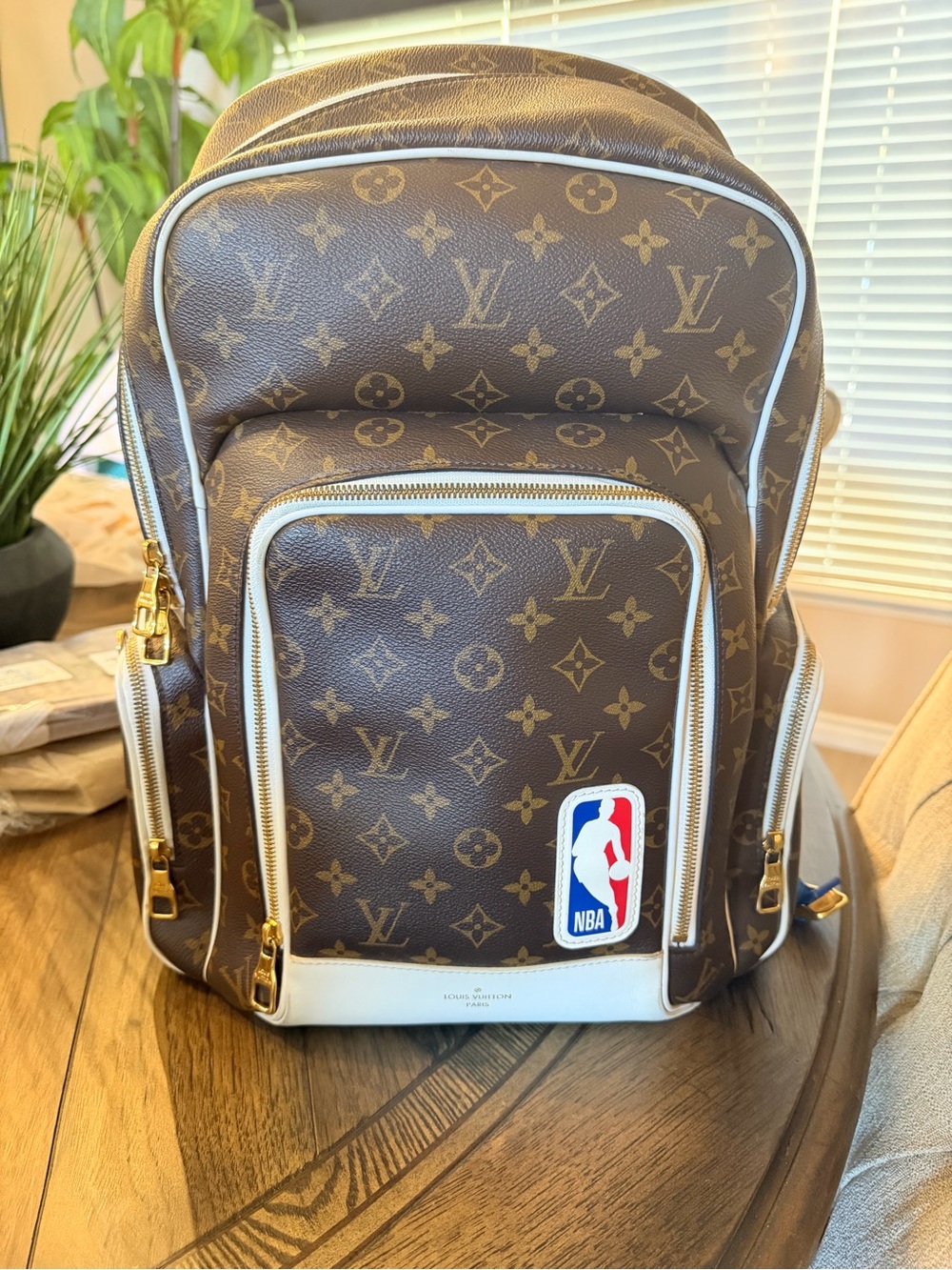 Louis Vuitton Monogram Brown Backpack with White Trim and NBA Patch